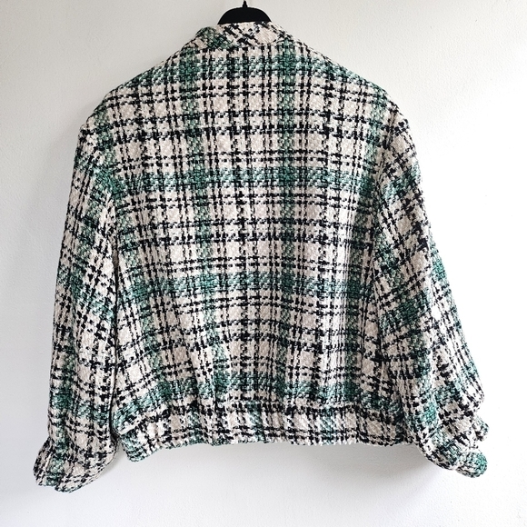 New Zara Plaid Textured Tweed Oversized Bomber Green Chanel Style Jacket NWT XS - Picture 15 of 17
